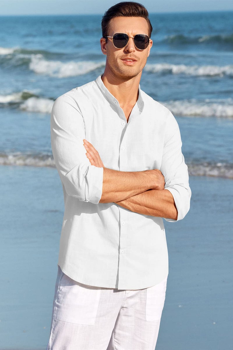 Makkrom Men Linen Shirt Button Down Long Sleeve Cotton Beach Band Collar Casual Summer Shirts - Image 2